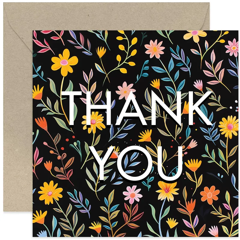 Black Floral Thank You Card – Black floral card with white THANK YOU lettering – Greeting Card in black