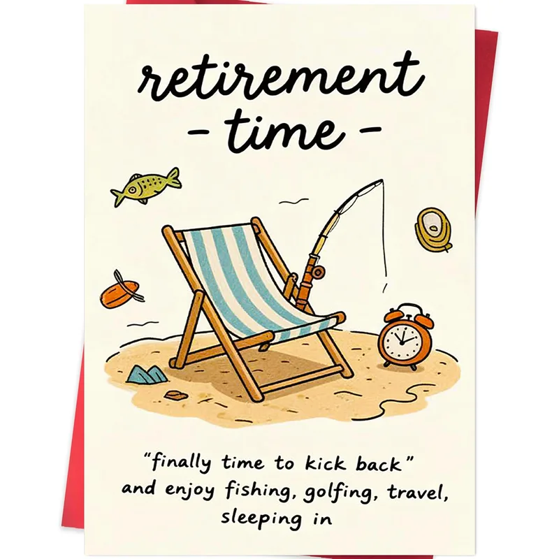 Retirement Time Card: a beach chair and a fishing rod
