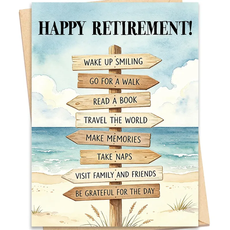 Happy Retirement Wake Up Card: A Beach Signpost of Plans
