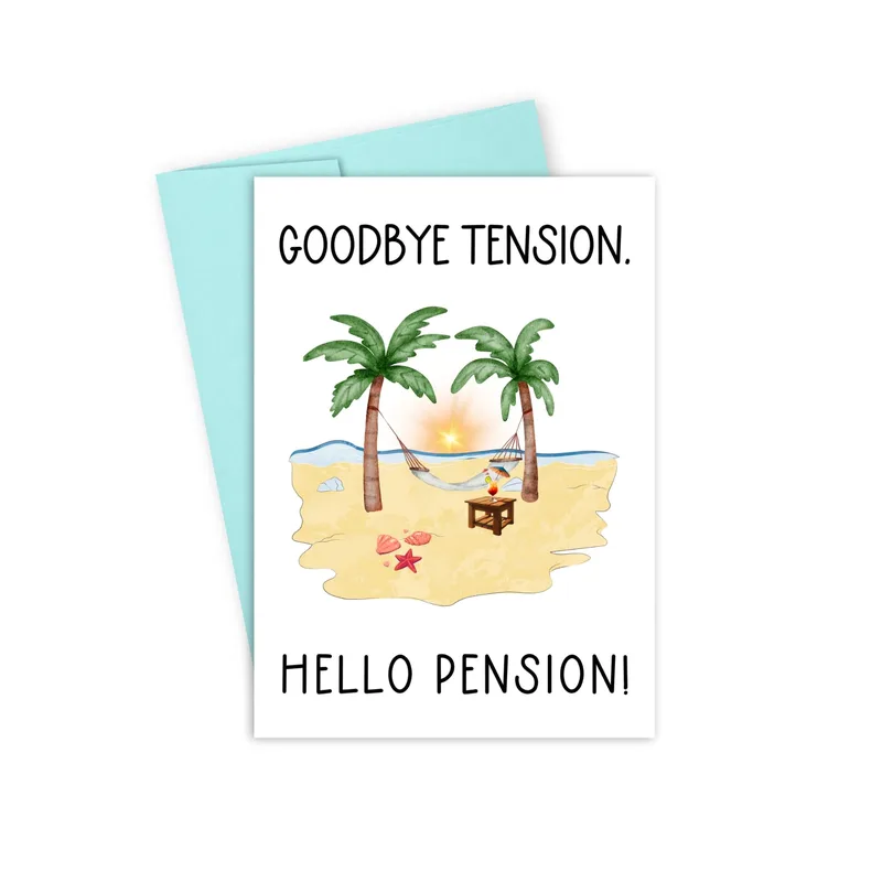 Hello Pension Card: Goodbye Tension, Beach Hammock Scene