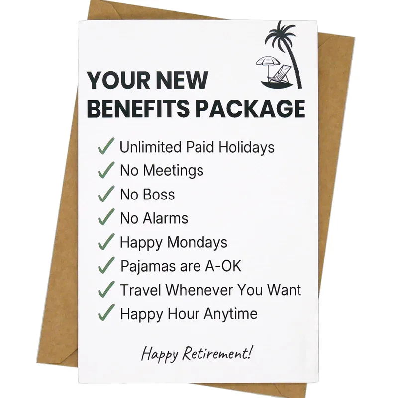 Retirement Benefits Card: A Checklist Joke for Your Coworker