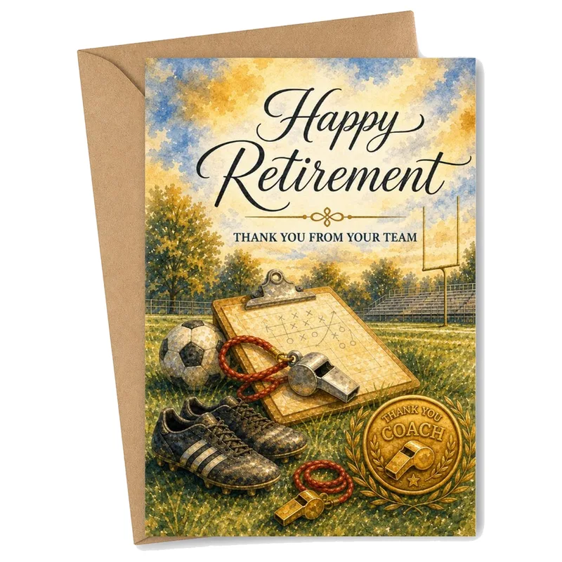 Retired Coach Card – Happy Retirement, Thank You From Your Team, with coach gear – Greeting Card in black