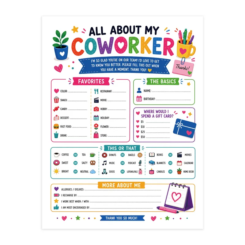 Coworker Questionnaire Card: All About My Cowoker Fun Doodle Form