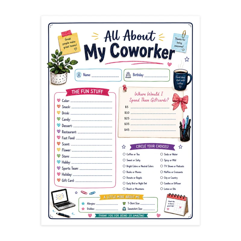 Get to Know You Card: All About My Coworker Fun Survey Design