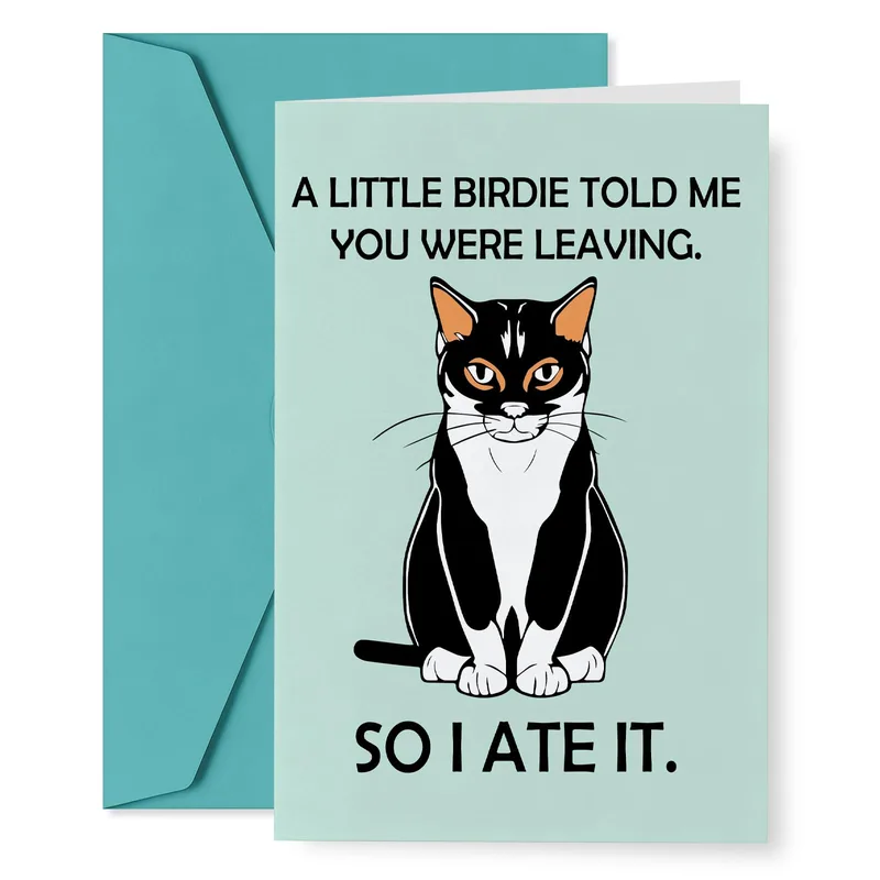 Cat Lover Farewell Card with a Sly Black and White Cat