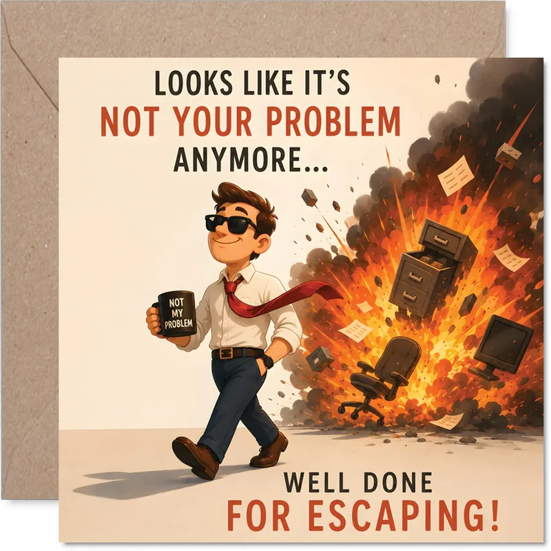 Farewell Office Card: Cartoon Escape from Chaos