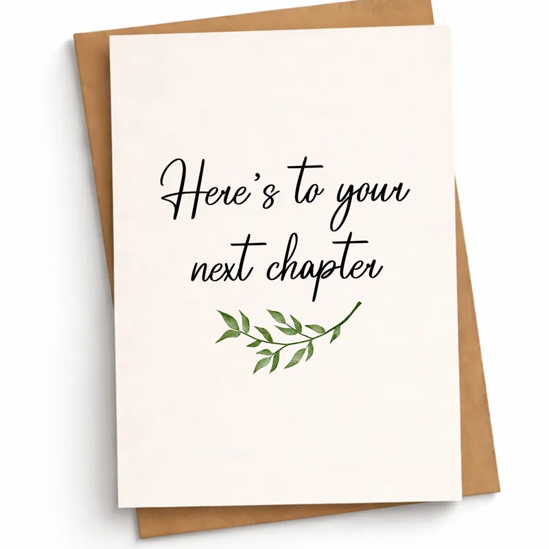 Green Leaf Sprig Script Card: Here’s to Your Next Chapter