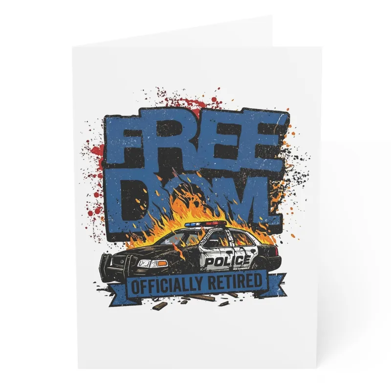 Officially Retired Cop Card with a Burning Police Car