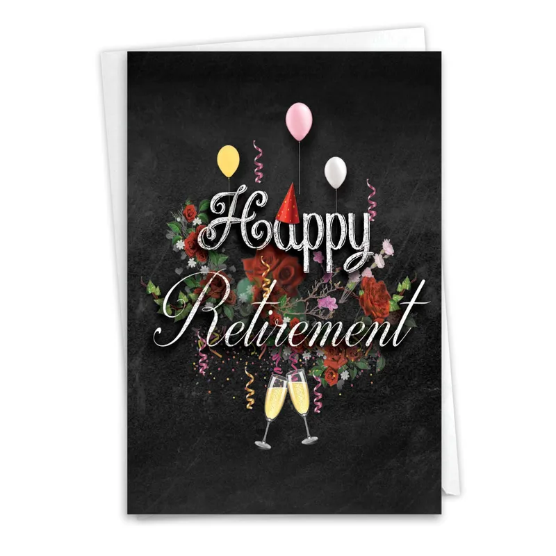 Chalkboard Floral Balloons Retirement Card for a Celebrated Departure