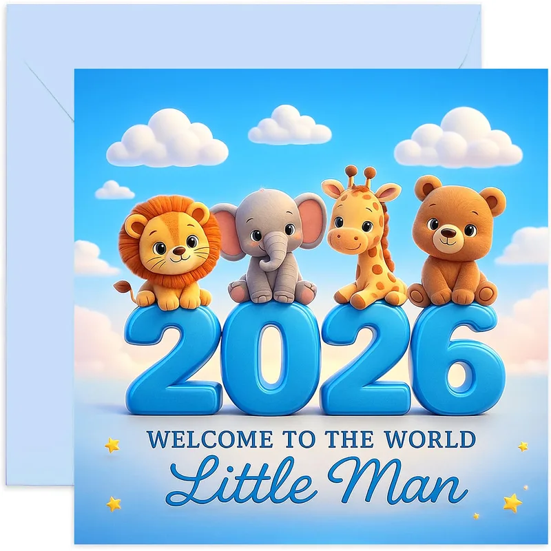 Animals 2026 Blue New Baby Card for Little Man