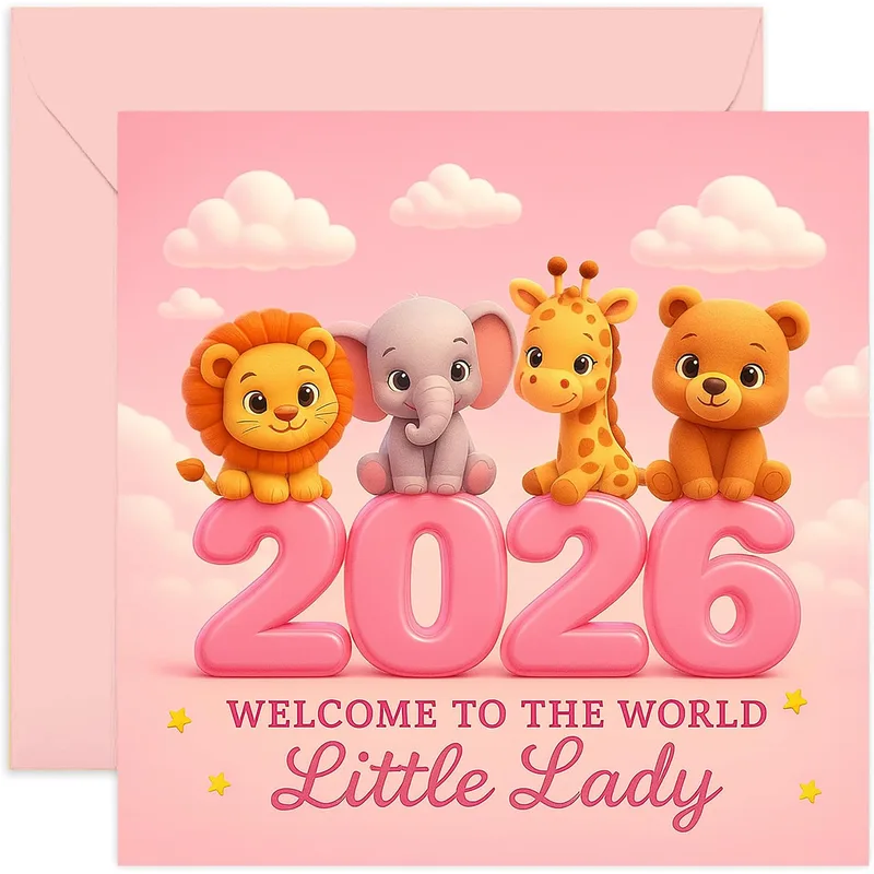 Cute Animals 2026 New Baby Card for a Little Lady