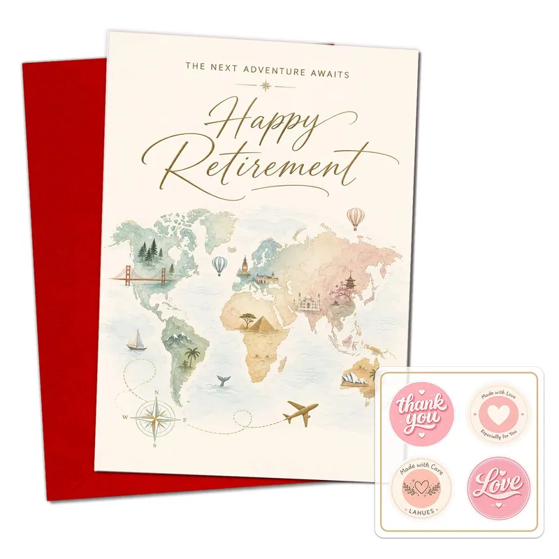 World Map Gold Retirement Card – Greeting Card in natural