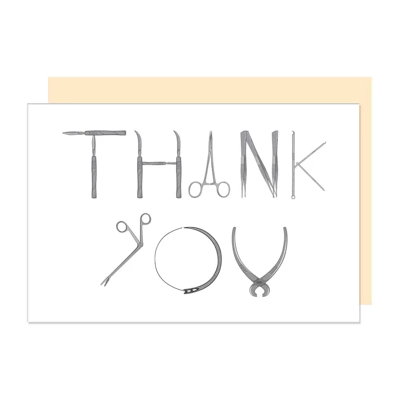 Gray Surgical Instruments Lettering Card with THANK YOU spelled out