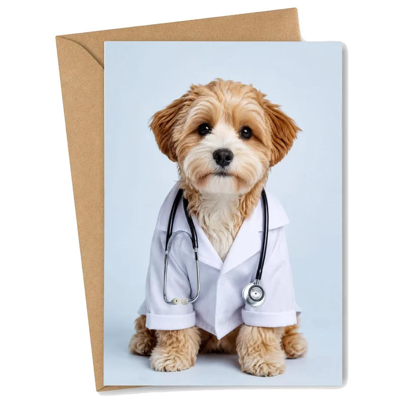 Puppy Doctor Card: Fluffy Vet in Lab Coat for Medical Heroes