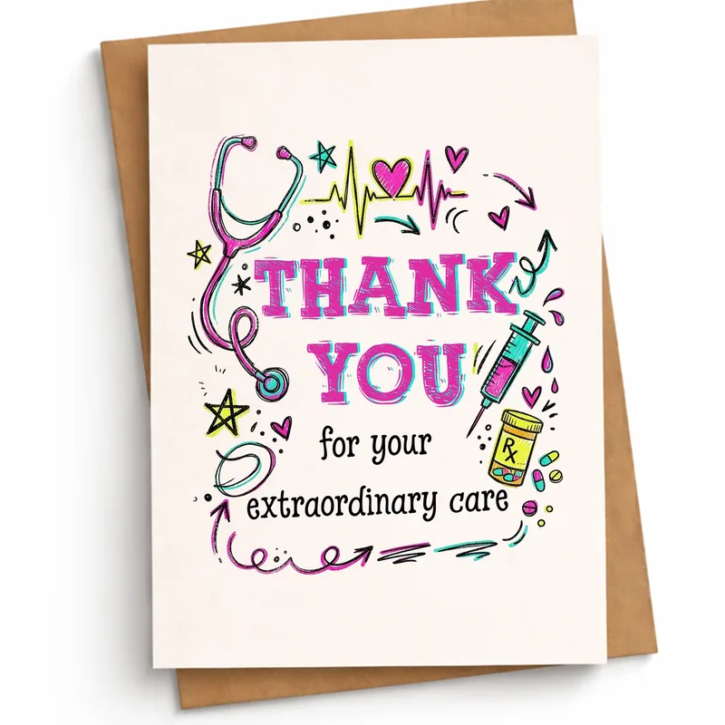 Pink Doodle Medical Icons Card: Thank You for Your Care