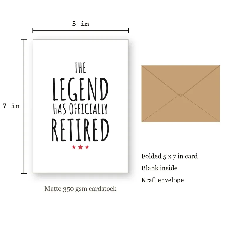 Retired Legend Card: The Legend Has Officially Retired – with size dimensions in inches