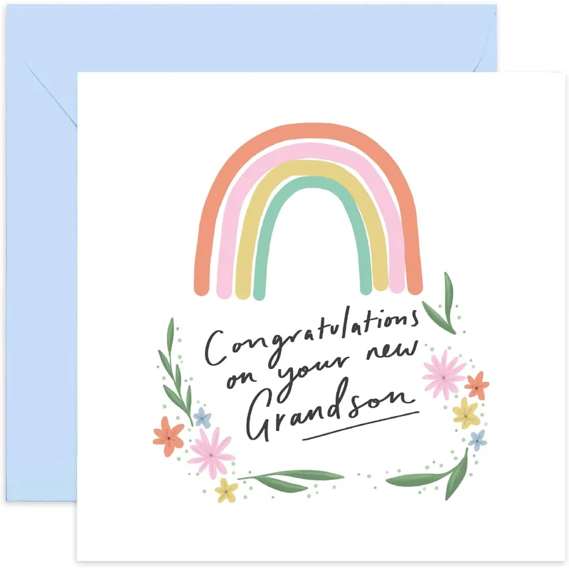 New Grandson Card: Pastel Rainbow Floral Congratulations