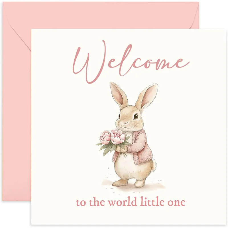 Pink Watercolor Bunny Card for a New Baby Welcome