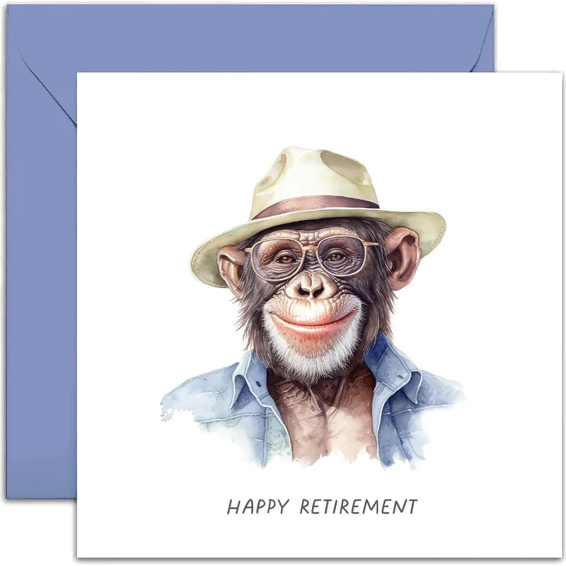 Retirement Chimp Card with a watercolor chimp in a fedora