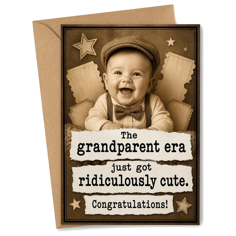 Grandparent Era Card – Sepia baby photo with text: The grandparent era just got ridiculously cute – Greeting Card in black