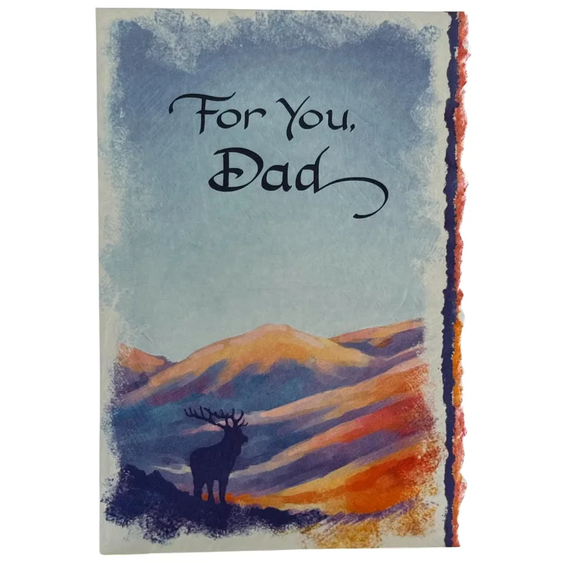 Dad Birthday Card – Watercolor elk silhouette on orange and blue mountains with text For You Dad – Greeting Card in natural