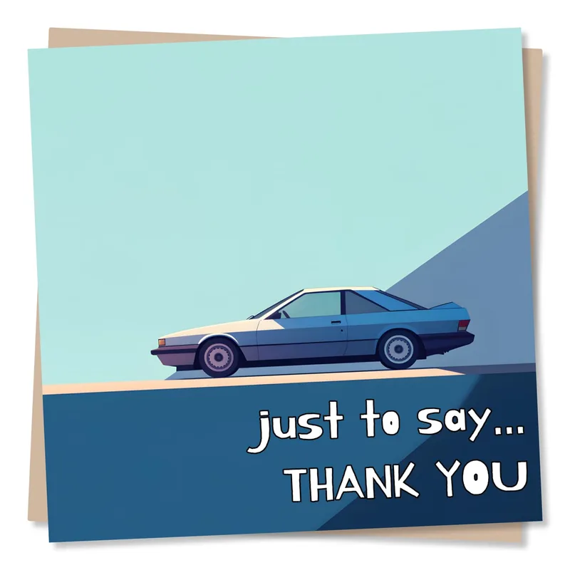 Thank You Car Card – Blue cartoon car with printed text just to say THANK YOU – Greeting Card in black