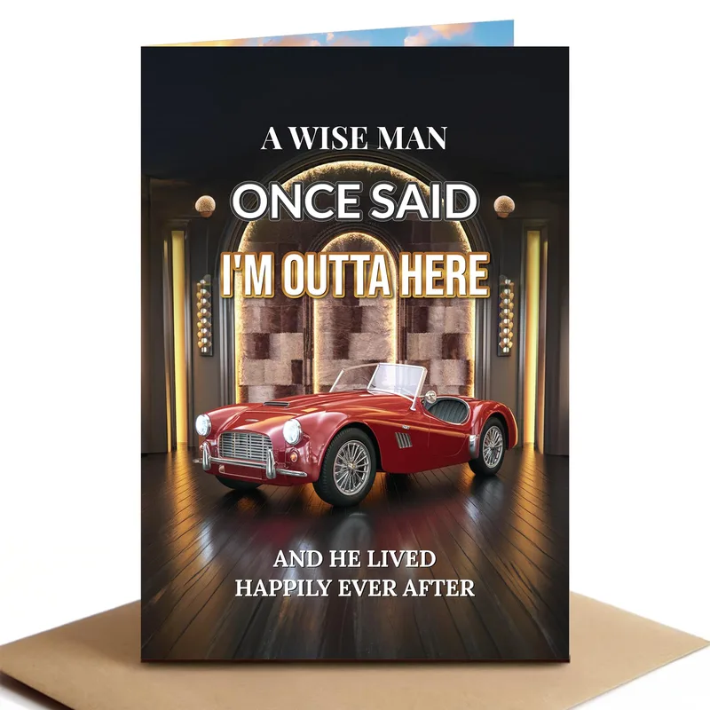 Outta Here Card: A Retirement Card With a Red Classic Car