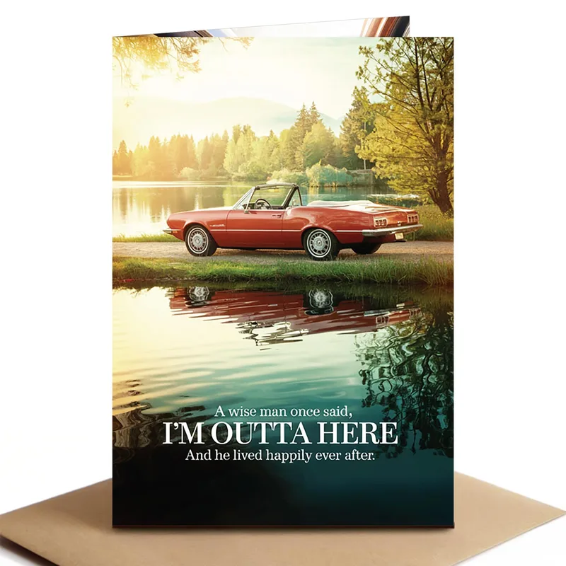 Retiree Going Away Card with a Red Convertible by the Lake