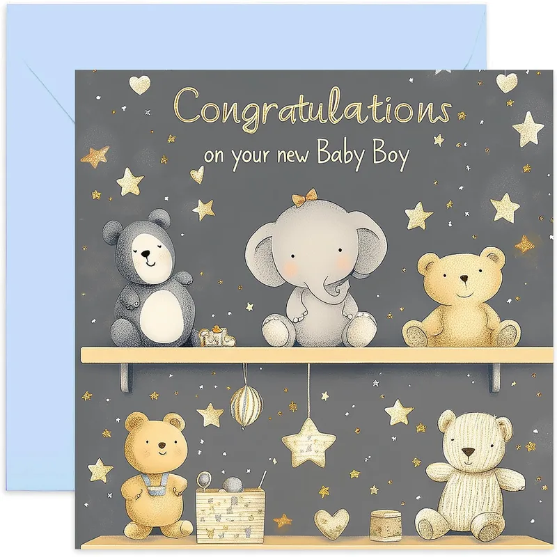 Nursery Teddy Bears Card features a gray nursery shelf