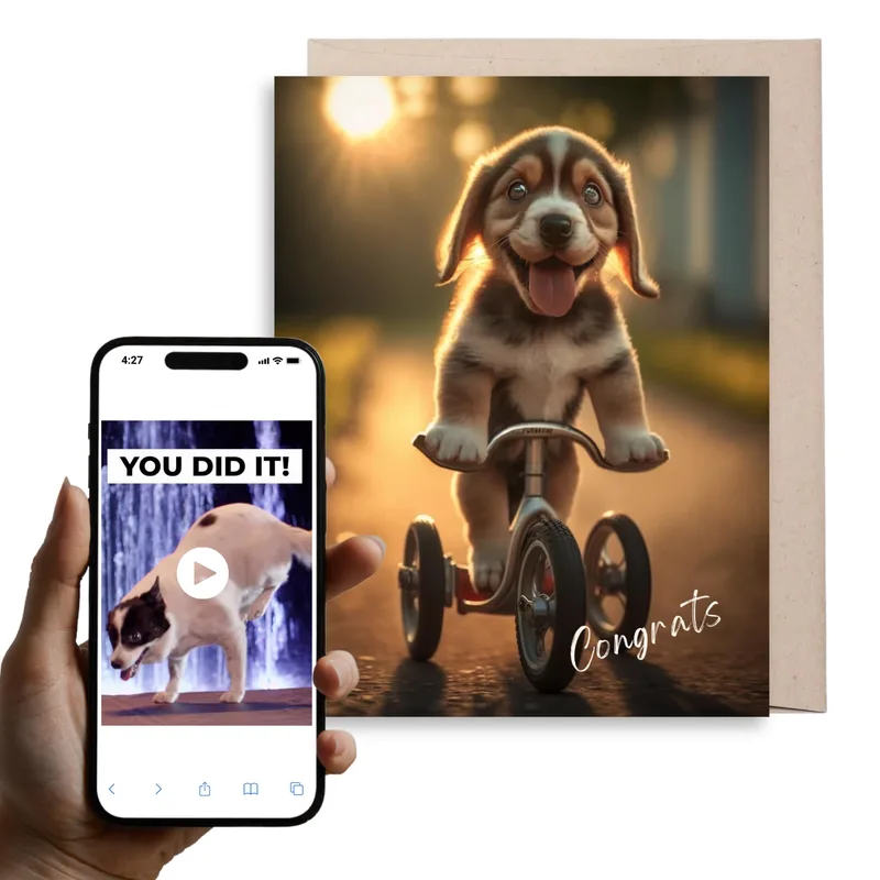 Tricycle Golden Hour Congratulations Card for a Puppy on Wheels