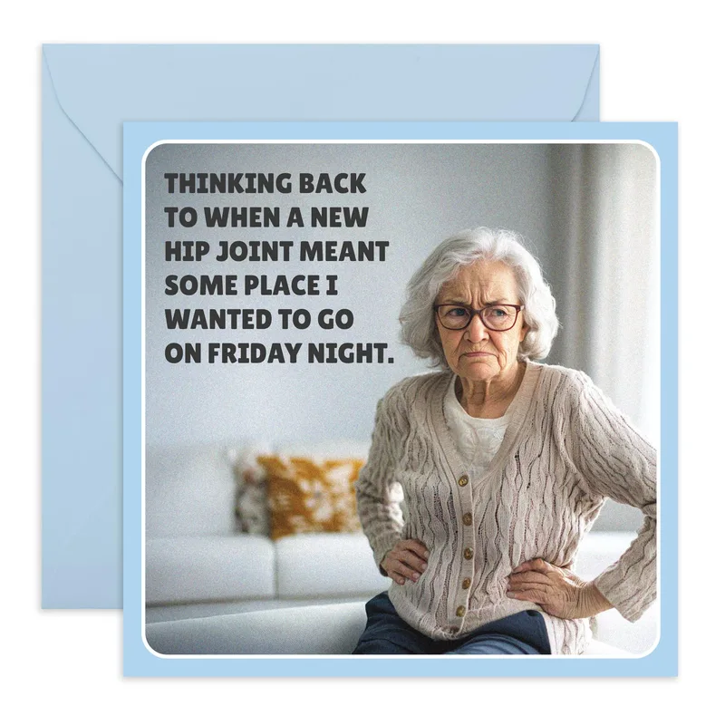 Serious Elderly Woman Card: New Hip Joint Retirement Humor