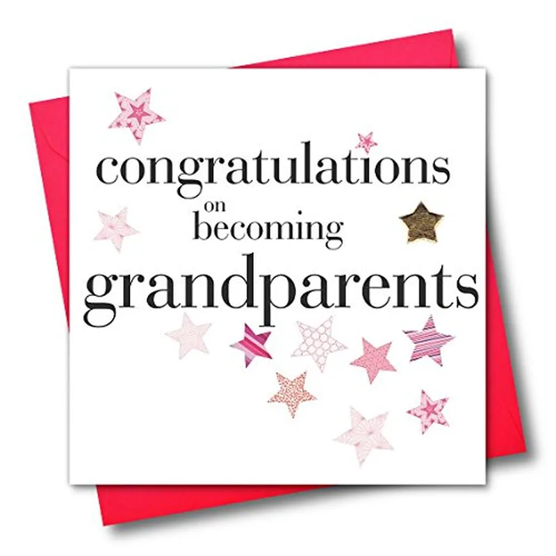 Pink Stars Gray Lettering Card Celebrating New Grandparents