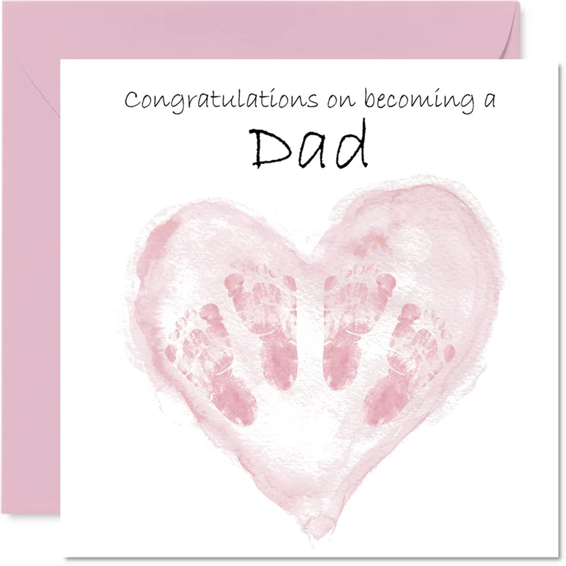 Pink Footprint Heart Watercolor Card for New Dads