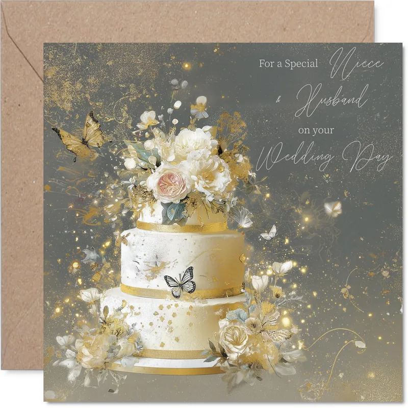 Gold Wedding Cake Butterflies Card for Niece and Husband
