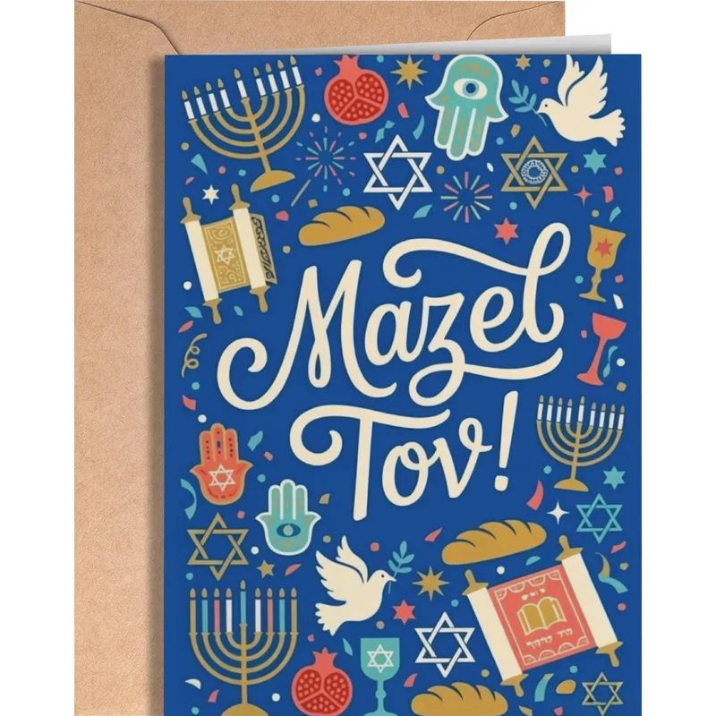 Blue Judaica Icons Menorah Card Celebrating Mazel Tov