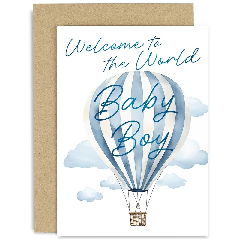 Blue Hot Air Balloon Card Welcoming a New Baby Boy with Watercolor Art