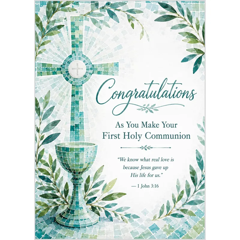 Mosaic Cross Chalice Congratulations Card celebrates a First
