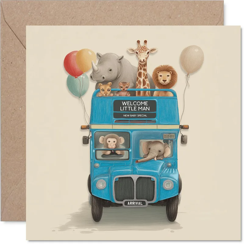 Blue Bus Animals New Baby Card for Little Man
