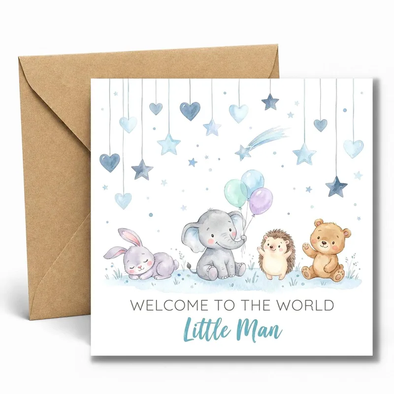 Stars Baby Animals New Baby Card for a Newborn Boy