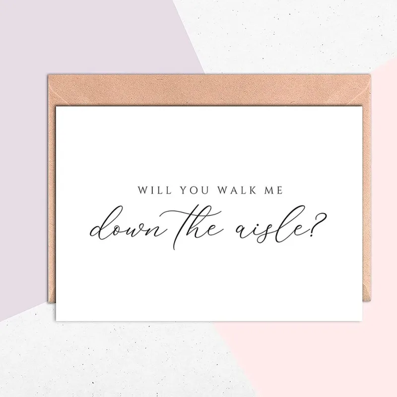 Script Text White Card Will You Walk Me Down the Aisle