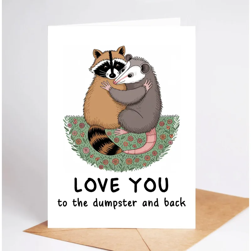 Raccoon Hugging Possum Love Card: Dumpster Affection Greeting
