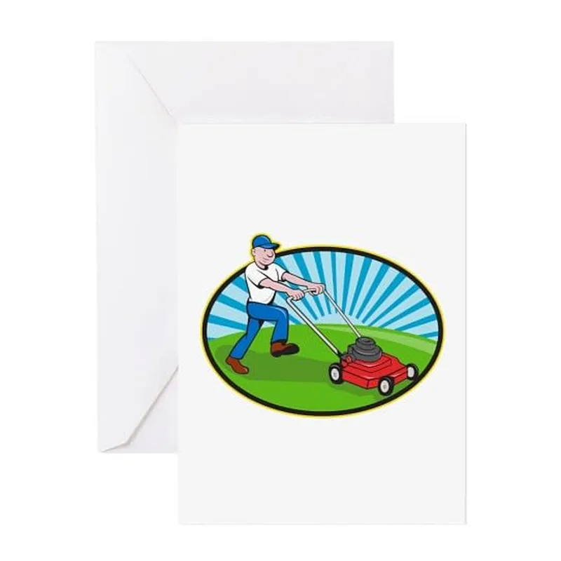 Gardener Mowing Lawn Cartoon Card – Greeting Card in natural
