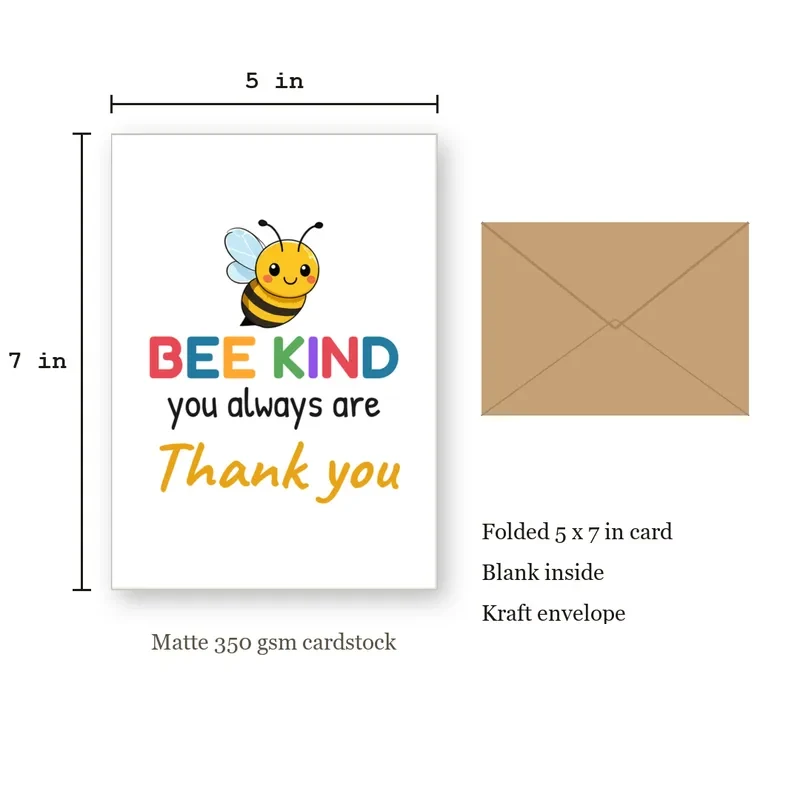 Cute Bee Thank You Card for a Kind Friend, Bee Kind – with size dimensions in inches