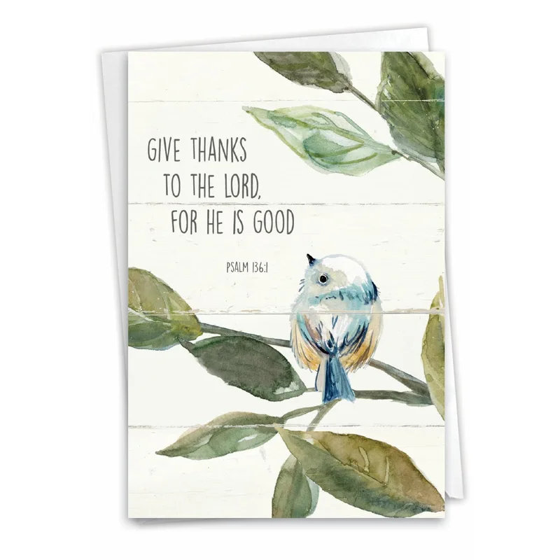 Thankful for God Card – Give Thanks to the Lord, For He Is Good, Psalm 136:1 with watercolor bird – Greeting Card in black