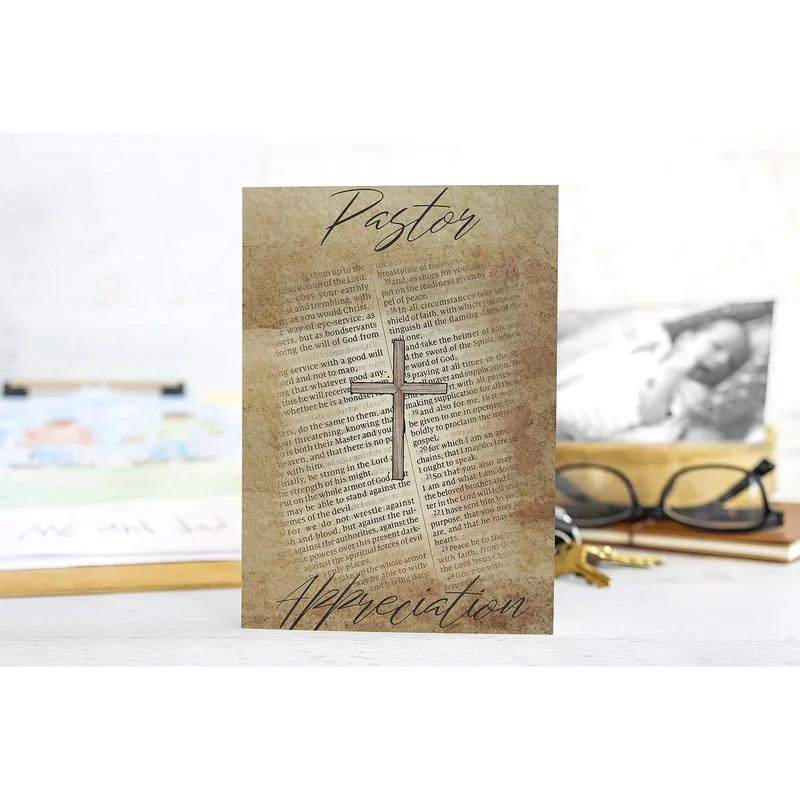 Pastor Appreciation Card with a Brown Bible Page Cross