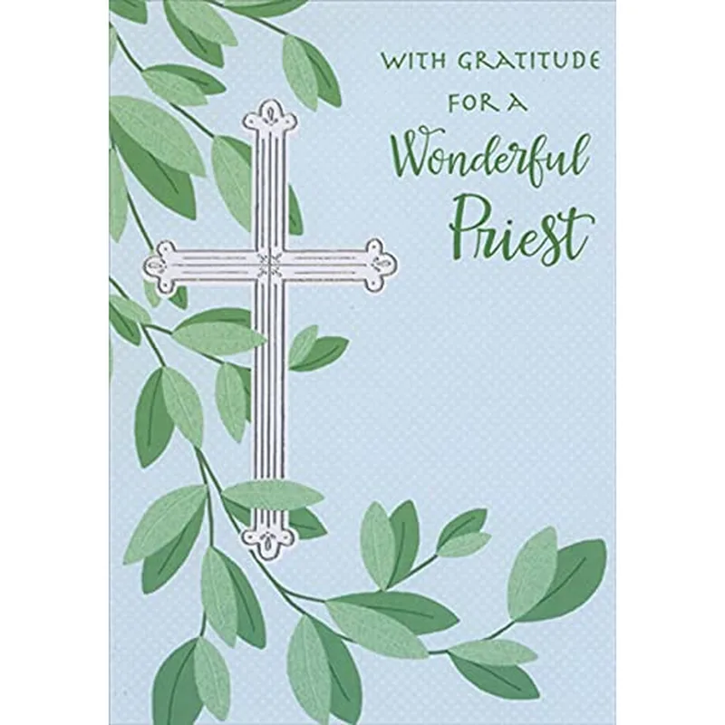 Priest Thank You Card with a Silver Cross and Green Leaves