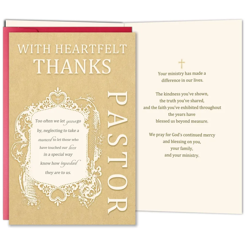 Minister Thanks Card – Kraft card with WITH HEARTFELT THANKS and PASTOR in cream lace frame – Greeting Card in black