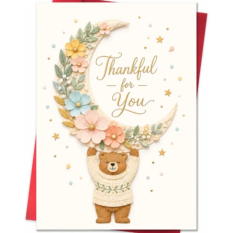Thankful for You Card: A Bear Holding a Floral Moon