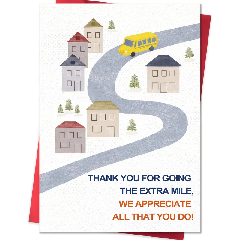 Extra Mile Thank You Card with a School Bus on the Road