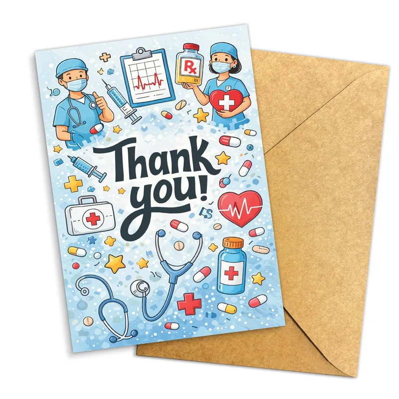 Blue Medical Cartoon Icons Card: A Thank You for Caregivers